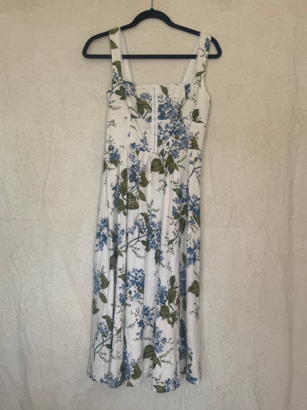 Reformation White Midi Dress with Blue Floral and Green Leaves